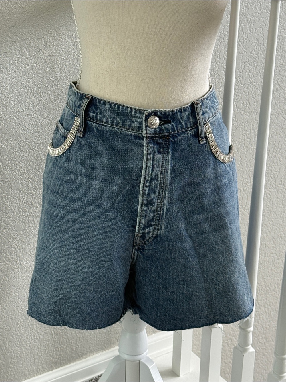Rag & Bone Retro Embellished Crystal Cutoff Denim Shorts Size 34